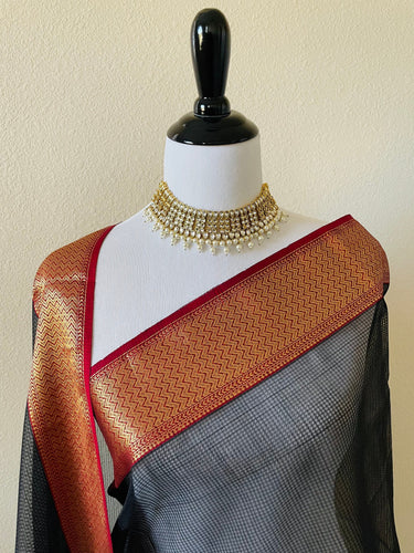 Maheshwari Cotton Silk Saree | Handloom Mark | Black & Red | Ships from California
